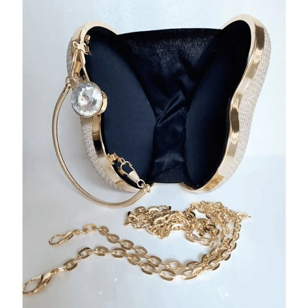 ❤️✨ Gold Sparkling Glitter Heart Shaped Top Handle Chain Clutch Purse Bag NEW